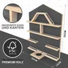 A wall-mounted shelf unit with multiple levels and a house-shaped back panel, designed for displaying toys or collectibles. It includes text and logos highlighting product features and certifications. Produktbild-Vorschau
