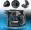 A cordless rotary hammer drill with a battery pack, shown with close-up insets of the chuck, mode selector, and LED lights. Produktbild-Vorschau