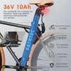 Close-up of an electric bicycle's seat post area, highlighting the battery and various features with text overlays. Produktbild-Vorschau