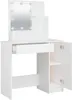 A white vanity table with a mirror and lights, a drawer, and cabinet doors. Produktbild-Vorschau