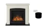 A cream-colored electric fireplace with a black insert and a small black cylindrical object next to it. Produktbild-Vorschau
