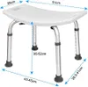A white shower stool with silver legs, shown from a side angle with dimensions indicated by dashed lines and text. Produktbild-Vorschau