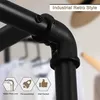 Close-up of a black metal pipe fitting, part of a clothing rack, with marketing icons and text below. Produktbild-Vorschau