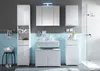 A modern bathroom vanity set with white high-gloss cabinets and a blue tiled wall. Produktbild-Vorschau