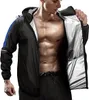 A man wearing a black hooded sauna suit, partially open to reveal his torso. Podgląd zdjęcia produktu