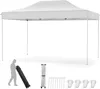 A white pop-up canopy tent is shown fully assembled, with a silhouette of a person holding a rolled-up tent bag, a folded tent frame, tent stakes, and sandbags displayed below. Náhľad obrázku produktu