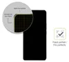 A black smartphone screen protector is shown with a magnified view of its edge and corner, highlighting its fit and coverage. A checkmark icon and text indicating a perfect fit are also present. Produktbild-Vorschau