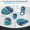 A collage of images showcasing a toilet seat with a mosaic-like blue and green pattern from different angles. Produktbild-Vorschau