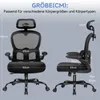Two views of an ergonomic office chair with dimensions indicated. Produktbild-Vorschau