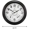 A large, round wall clock with a black frame, white face, and black numerals. It features a thermometer and hygrometer in the center. A measurement of 45 cm is indicated below the clock. Produktbild-Vorschau