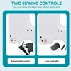 Two images showing the back of a white sewing machine with different control options and accessories. Produktbild-Vorschau