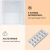 A collage of images showing different aspects of a mini freezer, including its interior, a graphic highlighting its features, and an ice cube tray. Produktbild-Vorschau