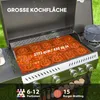 A gas grill with burgers cooking on the grates, with text overlays highlighting features. Náhled obrázku produktu
