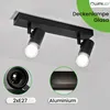 A black ceiling lamp with two adjustable spotlights mounted on a white ceiling. Insets show a close-up of the E27 socket and the aluminum material. Produktbild-Vorschau