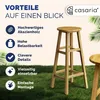 A wooden bar stool is shown outdoors on grass, with text highlighting product benefits. Anteprima dell’immagine prodotto