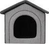 A front view of a gray fabric dog house with a dark gray roof and a dark interior. Produktbild-Vorschau