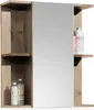 A wooden bathroom cabinet with a mirror and shelves, displaying toiletries. Produktbild-Vorschau