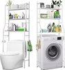 Two white shelving units, one over a toilet and one over a washing machine, stocked with various bathroom and laundry supplies. Podgląd zdjęcia produktu