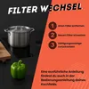 An image showing a cooking pot on a stovetop with a green bell pepper in the foreground, alongside instructional text about changing a filter. Voir les images du produit