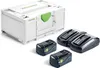 A white storage box with green accents and two battery chargers with two batteries in front of it, all on a white background. Produktbild-Vorschau