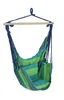 A hanging chair with green and blue stripes, suspended from a wooden bar. Produktbild-Vorschau
