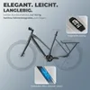 A promotional collage showcasing an electric bicycle, highlighting its design features, weight, and integrated display. Produktbild-Vorschau