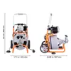Two views of a portable drain cleaning machine on a white background, with dimensions indicated. Podgląd zdjęcia produktu