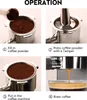 A four-panel instructional image showing the steps to make coffee with a portafilter. Anteprima dell’immagine prodotto