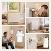 Collage of images showing the EMKE Intelligenter Heizkörper-Thermostat in various settings and use cases, including a child interacting with it, a living room scene, and a user controlling it via a smartphone app. Produktbild-Vorschau