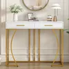 A white and gold console table with two drawers, decorated with a vase of flowers, a framed picture, and a lamp. Anteprima dell’immagine prodotto