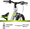 A close-up view of a bicycle's handlebars, saddle, and front fork, with accompanying text labels. Voir les images du produit