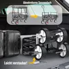 A foldable wagon is shown being stored in the trunk of a car, with an illustration demonstrating its collapsible feature. Produktbild-Vorschau
