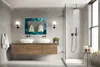 A modern bathroom with a double vanity, a walk-in shower with a rainfall showerhead, and decorative elements. Produktbild-Vorschau