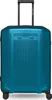 A studio shot of a blue metallic suitcase with its handle extended.