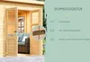 A wooden garden shed with double doors, featuring a close-up of the door lock and descriptive text about the product's features. Produktbild-Vorschau