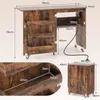 A multi-angle view of a wooden sewing table with dimensions indicated. Podgląd zdjęcia produktu