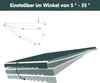 Diagrams showing the adjustable angle of an awning and a perspective view of the awning. Voir les images du produit