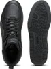 A top-down view of a pair of black Puma high-top sneakers, with one shoe shown from the top and the other from the sole. Voir les images du produit