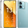A collage of a transparent phone case for a Xiaomi Redmi Note 13 5G, showing the front, side, and back of the phone with the case on. The phone's screen displays marketing information about its features. Produktbild-Vorschau
