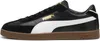 A side view of a black Puma Club II Era shoe with white and gold accents and a brown sole. Voir les images du produit