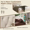 A collage of images showcasing a bed with a tufted headboard, close-ups of the fabric, and diagrams highlighting features. Náhled obrázku produktu