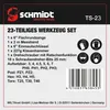 A product information sheet for a tool set, listing its contents and specifications. Produktbild-Vorschau