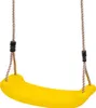 A yellow plastic swing seat suspended by two ropes against a white background.
