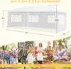 A collage showing a white tent with dimensions, and various scenes of people using tents for parties, weddings, markets, and picnics. Podgląd zdjęcia produktu