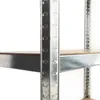 A close-up view of a metal shelving unit with a wooden shelf. Produktbild-Vorschau