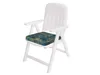 A white plastic garden chair with a cushion featuring a tropical leaf pattern. Náhľad obrázku produktu