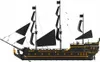 A side view of a black and gold pirate ship model with black sails. Podgląd zdjęcia produktu