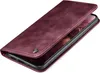 A burgundy flip cover phone case is shown from a diagonal angle, partially open to reveal a phone screen. Produktbild-Vorschau