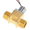 A close-up, studio shot of a brass solenoid valve with threaded connectors and two wires. Produktbild-Vorschau