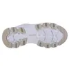 The sole of a white and tan Skechers sneaker is shown from an underneath view against a white background. Produktbild-Vorschau